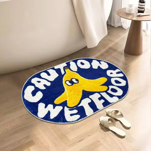 1pc Blue Cartoon "Caution Wet Floor" Plush Carpet, Soft & Comfortable Faux Wool Material Carpet, Suitable For Bathroom, Laundry Room, Kitchen, Vanity, Creative Doormat, Oval Cute Banana Peel Bathroom Rug!